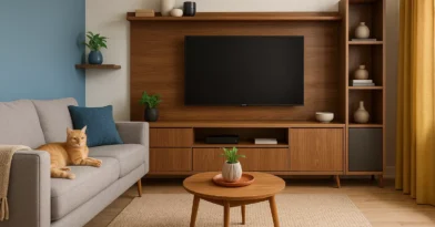 Salas de estar e TV com painéis e racks planejados