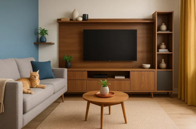 Salas de estar e TV com painéis e racks planejados